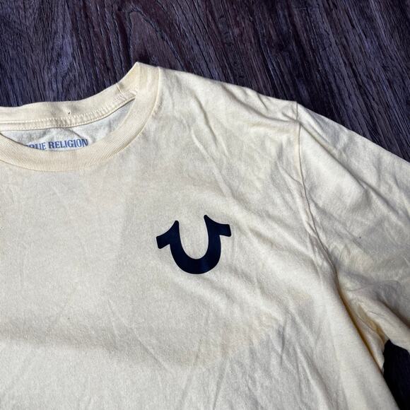 Y2K True Religion Men's MD Pale Yellow Buddha Guitar 2002 Tour Graphic T-shirt - Picture 3 of 5